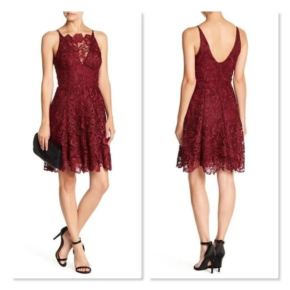 🌹 DRESS THE POPULATION 🌹 Hayden Fit & Flare Lace Dress - [Small, Maroon]